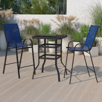 Flash Furniture TLH-073H092H-NV-GG Outdoor Dining Set - 2-Person Bistro Set - Outdoor Glass Bar Table with Navy All-Weather Patio Stools